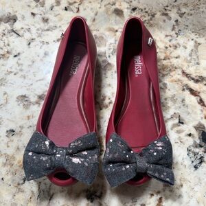 Mini Melissa Kids Red Burgundy Dress slip on  stylish Shoes with fabric Bow